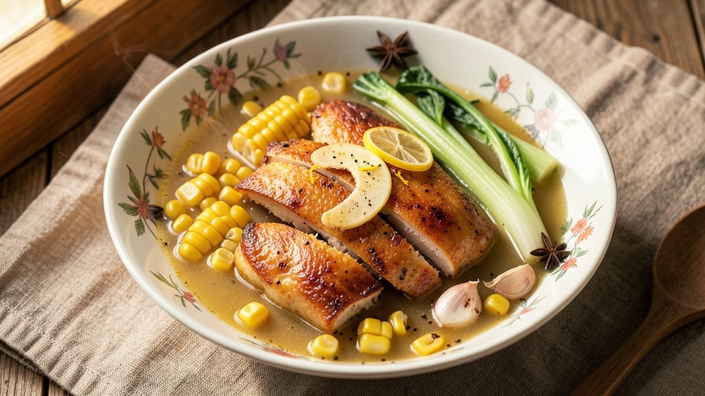 Authentic Chinese Chicken and Corn Soup Recipe: Crispy Celery Crowns Over Silky Corny Broth