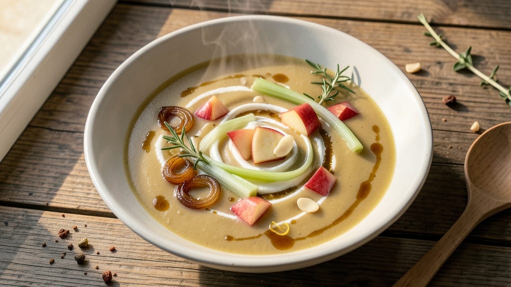 Apple Celery Soup Recipe: Crispy Celery Crowns Over Velvety Herb Broth