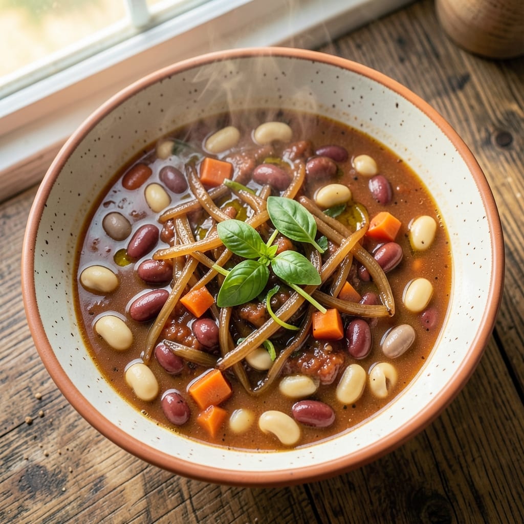 3 Bean Minestrone Soup Recipe: Hearty Pantry Meal with Rustic Tomato Depth