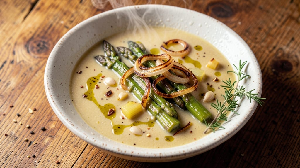 Asparagus Stalk Soup Recipe: Velvety Green Richness With Crispy Celery Topping