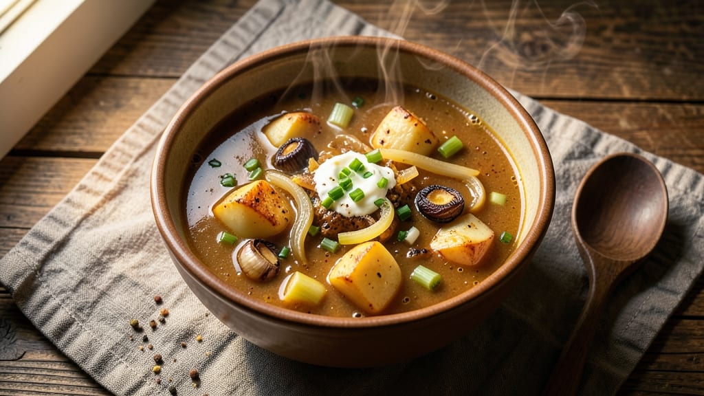 Atomic Ale Potato Soup Recipe: Spiced Rum-Kissed Depth With Crispy Celery Crowns