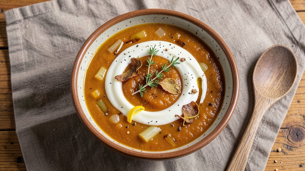Austrian Pumpkin Soup Recipe: Crispy Celery Crowns Over Creamy Velvety Broth