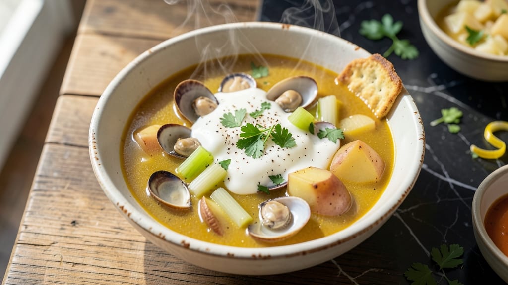 Boston Clam Chowder Soup Recipe: Crispy Celery Crowns and Smoky Bacon Crunch