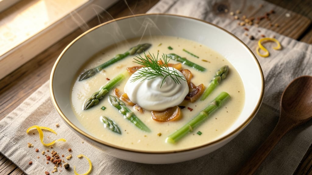 Asparagus Soup Recipe with Sour Cream: Velvety Green Broth Topped With Cooling Dill Swirl