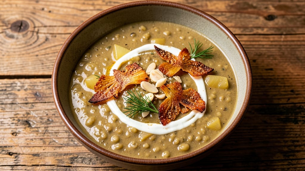Award Winning Split Pea Soup Recipe: Crispy Celery Crowns Over Creamy Herb Swirls