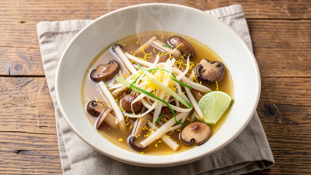 Bamboo Pith Soup Recipe: Silky Noodle Ribbons in Aromatic Ginger-Lime Broth
